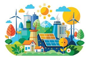 A colorful illustration depicting a cityscape with solar panels, wind turbines, and other renewable energy sources, emphasizing a commitment to a sustainable future. vector