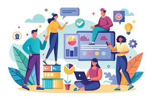 Illustration shows a diverse team working together on data analytics, brainstorming ideas, and creating a plan for success. vector