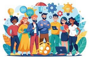 A varied group of professionals is surrounded by icons symbolizing innovation, collaboration, and success. They seem to be collaborating on a project or generating ideas. vector