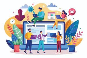 An illustration of a team of people working on a website. They are using laptops and discussing their ideas. vector