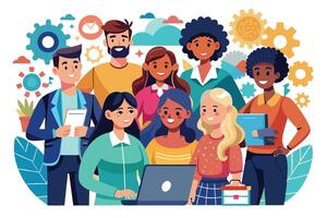 A diverse group of smiling people are working together on a laptop in a modern office setting. vector