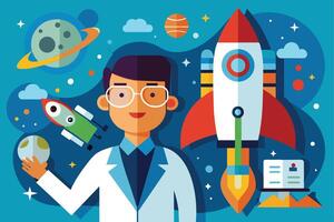 A smiling scientist wearing glasses and a white lab coat holds a planet in his hand, standing in front of a rocket ship taking off against a blue space background. vector