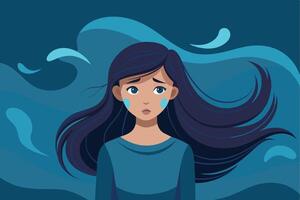 A digital illustration of a woman with long black hair standing in front of a blue abstract background. She has a sad expression on her face. vector