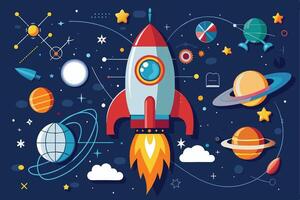 A colorful illustration of a rocket launching into space, surrounded by planets, stars, and other celestial objects. vector