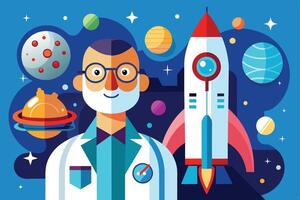 Illustration of a cartoon scientist with a white coat and glasses standing in front of a rocket against a blue space background with planets and stars. vector