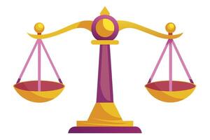 This image features a cartoon illustration of a balanced scale with yellow and purple accents. The scale is positioned against a white background. vector