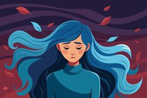 A digital illustration of a woman with blue hair standing in front of a background of falling red leaves. Her hair is flowing in the wind and she has a sad expression on her face. vector