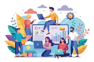 A diverse group of people collaborate on a data analytics project, using laptops and a large screen with graphs and charts. vector