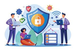 An illustration showing three business professionals working on their laptops in a secure data network with a large blue shield symbolizing protection. vector