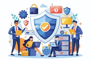 An illustration depicting four business professionals collaborating on secure data protection, featuring a large shield with a checkmark symbolizing success. vector