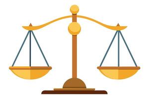 A cartoon image of a golden scale with two equal trays, representing balance, justice, and fairness. vector