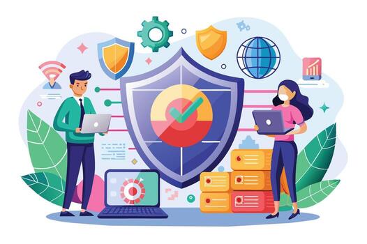 A graphic illustration depicting two people working on secure data protection with a large shield in the background, servers and other technology icons. vector