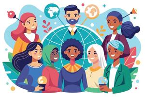 A diverse group of smiling people stand together around a globe, representing unity and global connection. vector