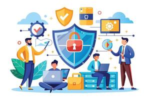 An illustration depicting a secure data protection system with multiple security features and a team of experts working to ensure data safety. vector