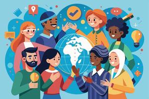 A diverse group of people smiles around a globe, surrounded by symbols of collaboration, progress, and global understanding. vector