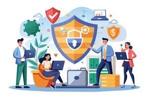 Professional team works together using technology to protect data with cybersecurity shield, ensuring safety of sensitive information. vector