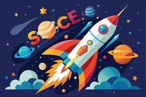 A vibrant illustration depicting a rocket taking off from a cloud formation against a dark blue space backdrop. Planets, stars, and the word SPACE are also featured in the illustration. vector