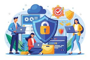 Business professionals utilize secure cloud technology to protect sensitive data, ensuring privacy and security for their operations. vector