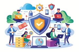 An illustration depicting a secure online network with multiple users working on laptops, connected by a large shield icon, symbolizing protection and security. vector