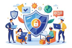 An illustration depicting four people working together to protect data, symbolized by a large blue shield with a padlock. vector