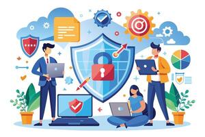 An illustration depicting three business professionals working together to protect and secure data and information using advanced technology like a large shield and a padlock. vector
