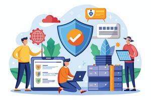 A digital illustration shows people working on a secured digital data system with a shield representing the importance of protecting sensitive information. vector