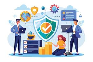 Illustration showing a secure global data protection system with checkmarks and people working on laptops. vector