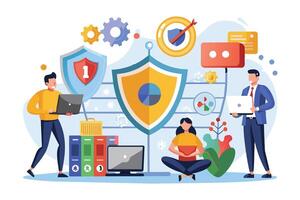 An illustration depicting three people working together to secure data. They are using shields, technology, and teamwork to protect information. vector
