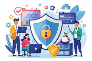 A team of four people working together to protect data. One person holds a shield with a lock, representing security. vector
