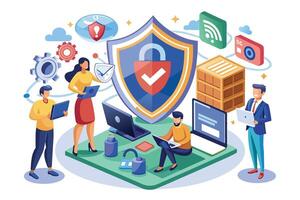 Illustration depicting a secure digital platform for businesses with secure data and network access, featuring a large shield symbol, people using laptops, and network connectivity icons. vector