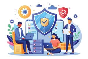An illustration depicting three people working on laptops, with a large blue shield protecting their online activities. The image represents secure online collaboration and data protection. vector