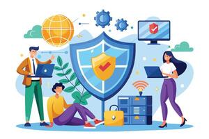 Illustration depicting a large shield protecting digital data and users with laptops, a server, and a globe. vector