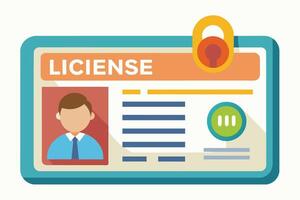 A flat, colorful illustration of a digital license card with a padlock icon, a persons information, and a green button. vector