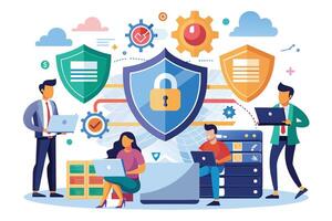 A team of professionals is working on a secure network with data protection. They are using laptops and a server to access and manage information. vector