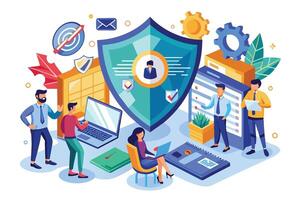 An illustration depicting a team of people working together to protect data and information using cybersecurity measures. vector