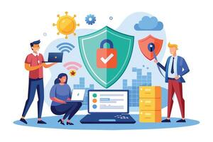 Illustration of three people working on laptops, with large green and red shields representing network security, surrounded by Wi-Fi symbols and a cloud. vector