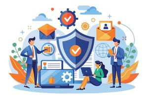 An illustration depicting a business team working securely online with data protection and privacy measures in place. vector