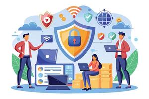 Illustration depicting three people working on laptops with a large shield and lock icon symbolizing secure online data protection and network security. vector
