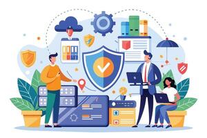 Illustration of three people using computers while connected to a secure network with various data protection measures in place. vector