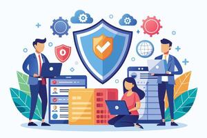 An illustration depicting three individuals working on their laptops, protected by a large shield icon, symbolizing secure online data protection. vector