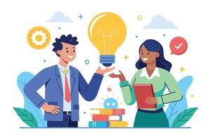Two business professionals, one male and one female, stand beside a stack of books and a lightbulb, discussing a new idea. vector