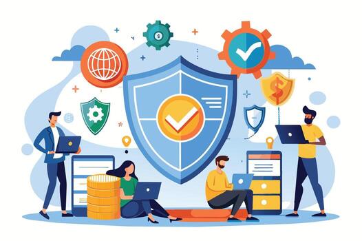 un ilustración representa personas utilizando portátiles, con un grande proteger simbolizando seguridad y otro íconos representando red proteccion, seguridad, y dinero. vector