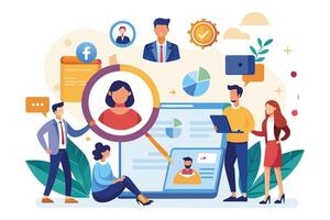 A team of four business professionals work together to analyze customer data and performance metrics on a laptop, focusing on individual customer profiles. vector
