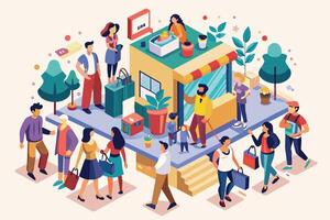 A vibrant illustration depicting a busy street scene with a colorful storefront and a diverse group of people. vector