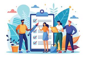 A diverse team of four people collaborate to check off items on a large clipboard checklist. They are working together and appear to be focused and productive. vector