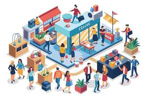 An illustration depicting a bustling retail store in an urban setting, with customers browsing and interacting with staff. vector
