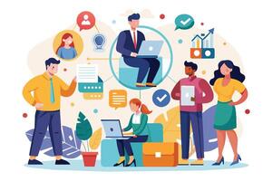 An illustration depicting a diverse team of professionals collaborating on a project, using laptops, digital documents, and a shared digital workspace. vector