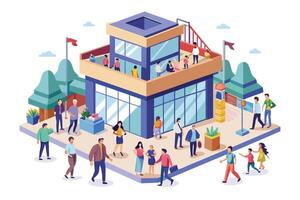 An illustration of people walking near a modern building with a balcony. Some people are standing on the balcony while others are walking in front of the building. vector