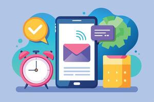 A colorful illustration of a mobile phone with an email notification on the screen. There is an alarm clock next to it, signifying an upcoming event or reminder. vector