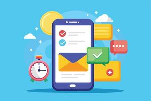 An illustration of a smartphone displaying an open email message and checklist app, with a notification bubble and an alarm clock in the background. vector